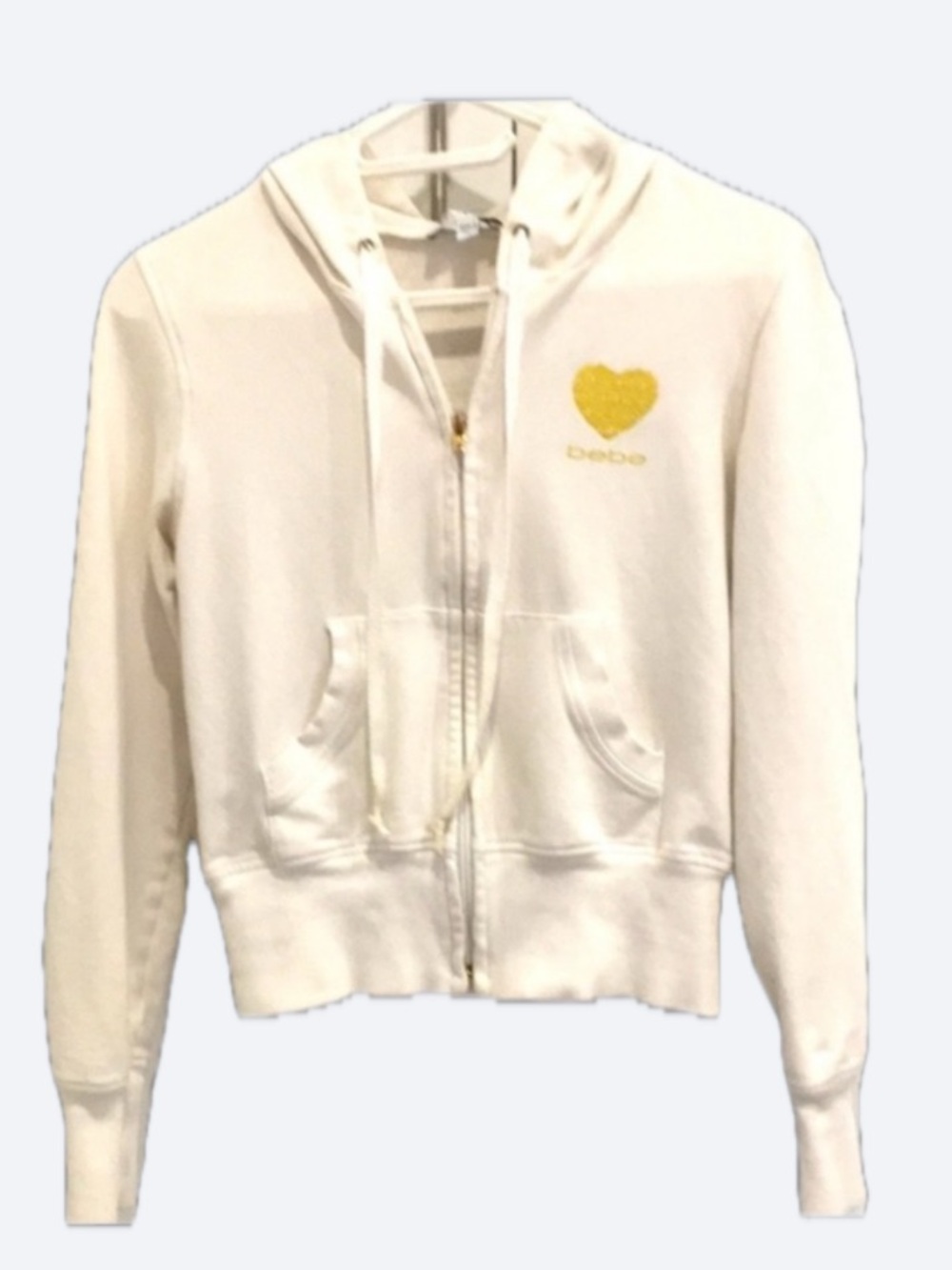 Bebe White Zip Up Hoodie Gold Glitter Heart Logo Rhinestone Small S